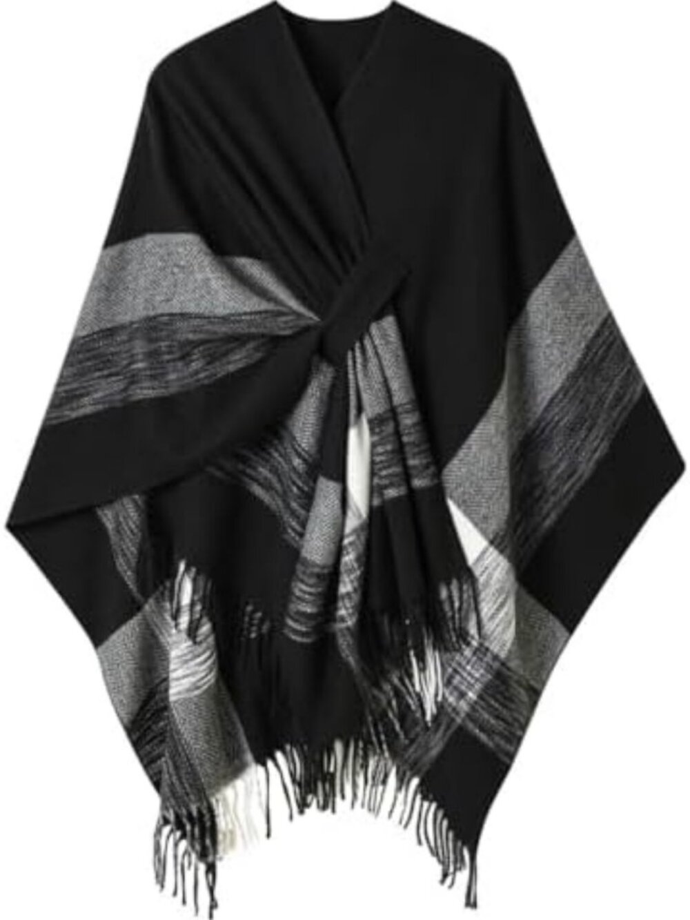 Cozy Plaid Fringe Poncho Shawl Wrap - Elegant Soft Blanket Scarf for Fall/Winter - Picture 2 of 5